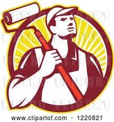 Vector Clip Art of Retro Painter Worker with a Roller Brush in a Circle of Sunshine by Patrimonio