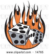 Vector Clip Art of Retro Pair of Dice Rolling over Flames at a Casino by Andy Nortnik