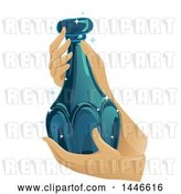 Vector Clip Art of Retro Pair of Hands Gently Holding a Beautiful Blue Glass Bottle by BNP Design Studio