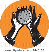 Vector Clip Art of Retro Pair of Hands Holding a Spiked Ball in an Orange Circle by Patrimonio