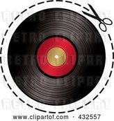 Vector Clip Art of Retro Pair of Scissors Cutting on a Dotted Line Around a Vinyl Record by Michaeltravers