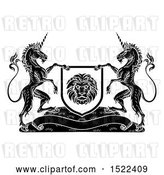 Vector Clip Art of Retro Pair of Unicorns Flanking a Lion Shield over a Banner, by AtStockIllustration