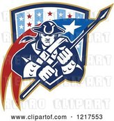 Vector Clip Art of Retro Patriot Soldier with a Flag in a Star Shield by Patrimonio