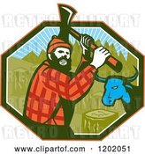Vector Clip Art of Retro Paul Bunyan Lumberjack and Babe Blue Ox in an Octagon by Patrimonio