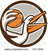Vector Clip Art of Retro Pelican Bird Holding a Basketball in a Brown White and Gray Circle by Patrimonio