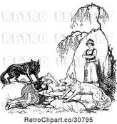 Vector Clip Art of Retro Person Watching As Wild Dogs Scare a Lady by Prawny Vintage