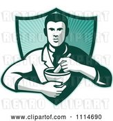 Vector Clip Art of Retro Pharmacist Holding a Mortar and Pestle over a Ray Shield by Patrimonio