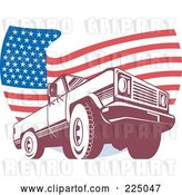Vector Clip Art of Retro Pick up Truck and Wavy American Flag Logo by Patrimonio