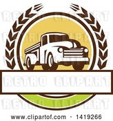 Vector Clip Art of Retro Pickup Truck in a Wheat Wreath over a Blank Text Box by Patrimonio