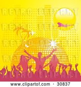 Vector Clip Art of Retro Pink Silhouetted Crowd Partying in Front of a Yellow Disco Ball Planet with Palm Trees, Butterflies, a Plane, and Equalizer Bars Under a Yellow Sun by Elaineitalia