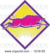 Vector Clip Art of Retro Pink Wild Boar Leaping over a Diamond of Sunshine by Patrimonio