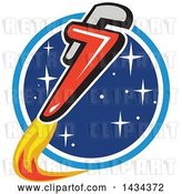 Vector Clip Art of Retro Pipe Monkey Wrench Rocket in Flight Around a Circle of Stars by Patrimonio
