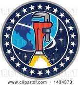Vector Clip Art of Retro Pipe Monkey Wrench Rocket in Flight near Earth, in a Circle of Stars by Patrimonio