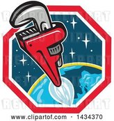 Vector Clip Art of Retro Pipe Monkey Wrench Rocket in Flight over Earth by Patrimonio