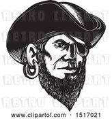Vector Clip Art of Retro Pirate Wearing an Eye Patch and Tricorne Hat, in Woodcut by Patrimonio
