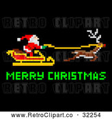 Vector Clip Art of Retro Pixelated Santa Flying His Sleigh with Merry Christmas Text on Black by AtStockIllustration