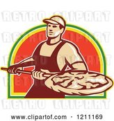 Vector Clip Art of Retro Pizzeria Worker with a Pie on a Peel by Patrimonio