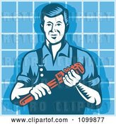 Vector Clip Art of Retro Plumber Guy Holding a Monkey Wrench over Blue Tiles by Patrimonio