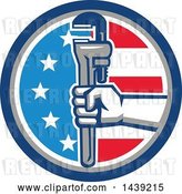 Vector Clip Art of Retro Plumber Hand Holding a Pipe Monkey Wrench in an American Circle by Patrimonio