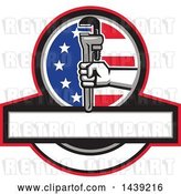 Vector Clip Art of Retro Plumber Hand Holding a Pipe Monkey Wrench in an American Circle over a Banner with Copy Space by Patrimonio