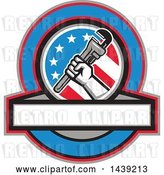 Vector Clip Art of Retro Plumber Hand Holding a Pipe Monkey Wrench in an American Circle over a Banner with Text Space by Patrimonio