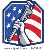 Vector Clip Art of Retro Plumber Hand Holding a Pipe Monkey Wrench in an American Crest by Patrimonio