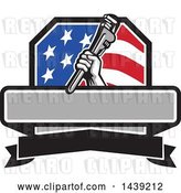 Vector Clip Art of Retro Plumber Hand Holding a Pipe Monkey Wrench in an American Crest, over a Banner with Text Space by Patrimonio