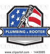 Vector Clip Art of Retro Plumber Hand Holding a Pipe Monkey Wrench in an American Crest, over a Plumbing and Rooter Banner by Patrimonio