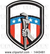 Vector Clip Art of Retro Plumber Hand Holding a Pipe Monkey Wrench in an American Shield by Patrimonio