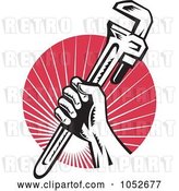 Vector Clip Art of Retro Plumber Hand Holding a Wrench over Red Rays by Patrimonio