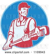 Vector Clip Art of Retro Plumber Holding a Large Adjustable Monkey Wrench on a Blue Circle by Patrimonio
