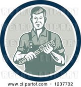 Vector Clip Art of Retro Plumber Worker Guy Holding a Monkey Wrench in a Circle by Patrimonio
