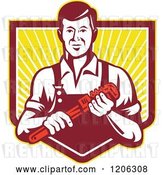 Vector Clip Art of Retro Plumber Worker Guy Holding a Monkey Wrench over a Ray Crest Shield by Patrimonio