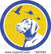 Vector Clip Art of Retro Pointer Hunting Dog Looking up at Flying Geese in a Blue White and Yellow Circle by Patrimonio