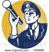 Vector Clip Art of Retro Police Officer or Security Guard Shining a Flashlight over a Circle of Orange Rays by Patrimonio