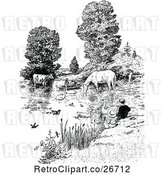 Vector Clip Art of Retro Pond Scene with People and Farm Animals by Prawny Vintage