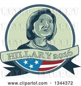 Vector Clip Art of Retro Portrait of Hillary Clinton in a Circle with a Partical American Flag and Text Banner by Patrimonio