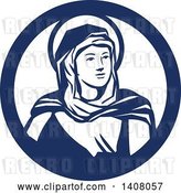 Vector Clip Art of Retro Portrait of the Blessed Virgin Mary Looking to the Right Inside a Blue and White Circle by Patrimonio