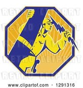 Vector Clip Art of Retro Power Lineman Electrician Worker Holding a Lightning Bolt in a Sunshine Octagon by Patrimonio