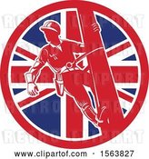 Vector Clip Art of Retro Power Lineman on a Pole in a Union Jack Flag Circle by Patrimonio