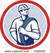 Vector Clip Art of Retro Power Lineman with an Electric Wire in a Circle by Patrimonio