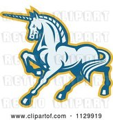 Vector Clip Art of Retro Prancing Unicorn in Blue and Yellow by Patrimonio