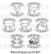 Vector Clip Art of Retro Premium Chicken, Beef, Pork, Lamb, Fish, Seafood and Vegetarian Food Labels by AtStockIllustration