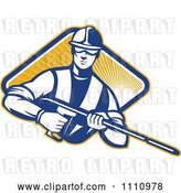 Vector Clip Art of Retro Pressure Washer Worker over a Diamond of Rays 1 by Patrimonio