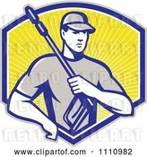 Vector Clip Art of Retro Pressure Washer Worker over a Shield of Rays by Patrimonio