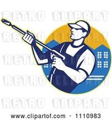 Vector Clip Art of Retro Pressure Washer Worker over an Urban Circle by Patrimonio