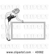 Vector Clip Art of Retro Pretty 1940's Style Pinup Girl in Heels and a Bodice, Bending over and Presenting a Blank Sign by C Charley-Franzwa