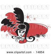 Vector Clip Art of Retro Pretty Showgirl in Red and Black Feathers, Holding out Her Arm in Front of a Red Circle by Andy Nortnik