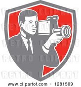 Vector Clip Art of Retro Professional Cameraman Filming in a Gray White and Red Shield by Patrimonio
