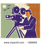 Vector Clip Art of Retro Professional Male Cameraman Working over a Green Yellow and Orange Sky by Patrimonio